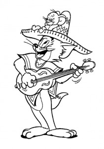 Tom toca la guitarra y Jerry se acomoda en su sombrero