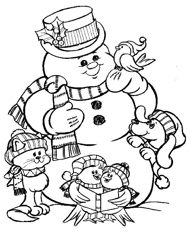 muñeco de nieve y animalitos alrededor