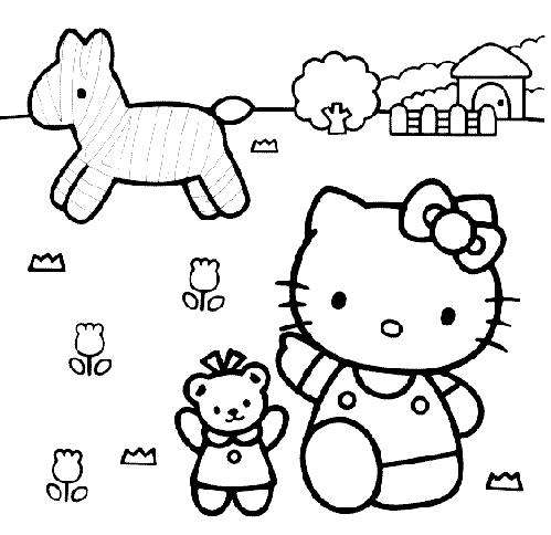 colorear dibujos de hello kitty sentada jugando