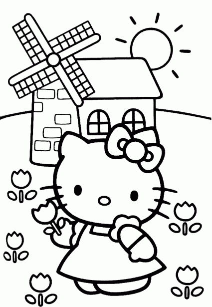 colorear dibujos de hello kitty y el molino